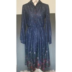 missy H vtg Long Sleeve Half Button Front Collared Blue Floral Print Dress Sz 8